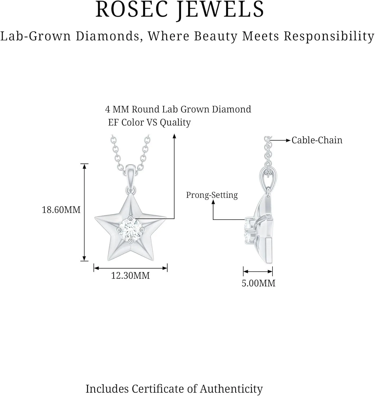 Certified Lab Grown Diamond Star Necklace, Ef-Vs Quality, Diamond Solitaire Pendant With Chain - With Jewelry Box