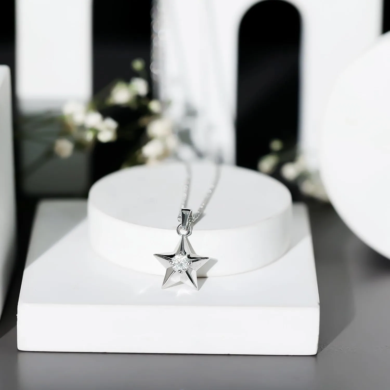 Certified Lab Grown Diamond Star Necklace, Ef-Vs Quality, Diamond Solitaire Pendant With Chain - With Jewelry Box