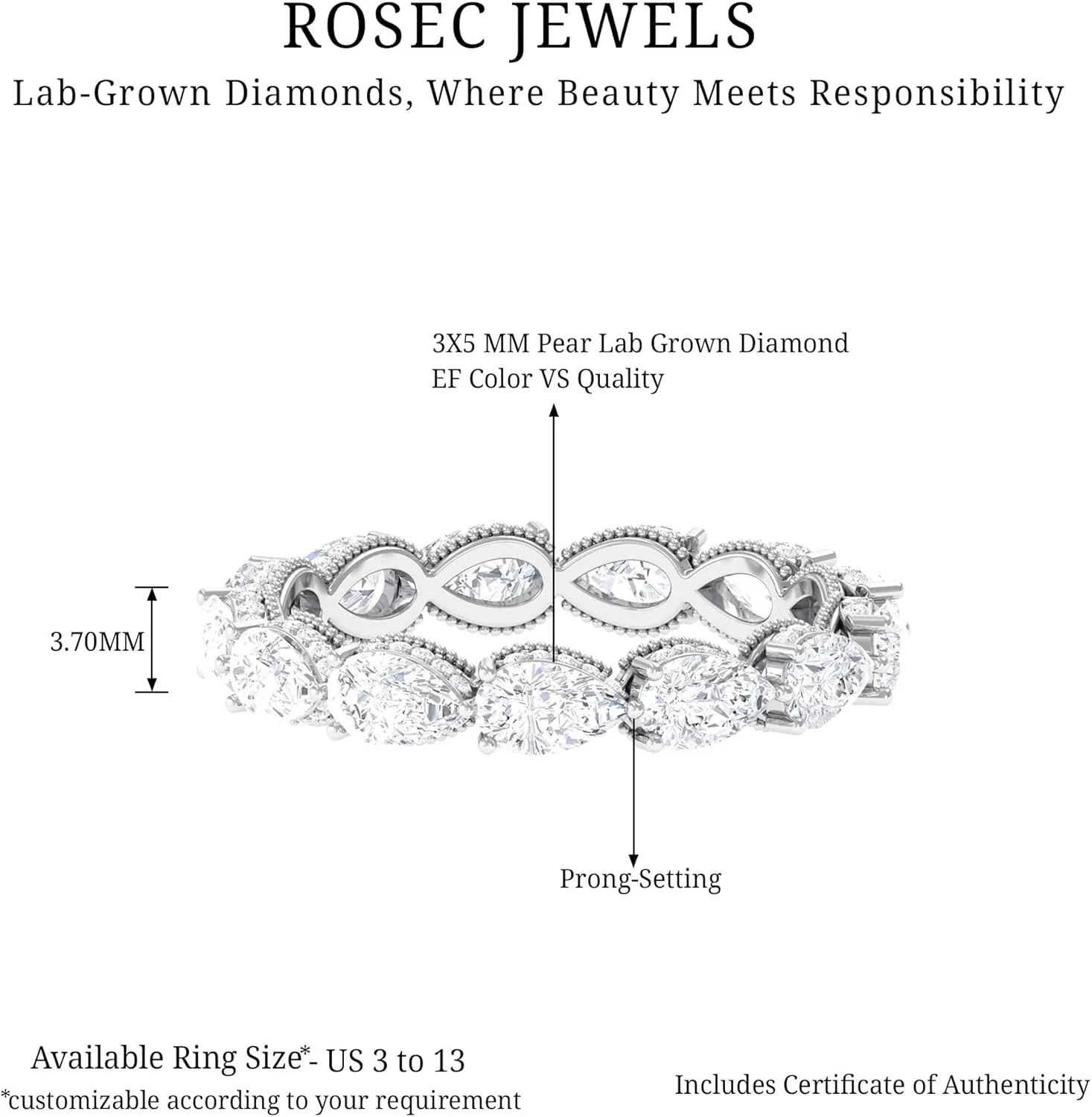Certified Lab Grown Diamond Wedding Band, Ef-Vs Quality, Pear Shape Diamond Eternity Ring (Ideal For Gift)