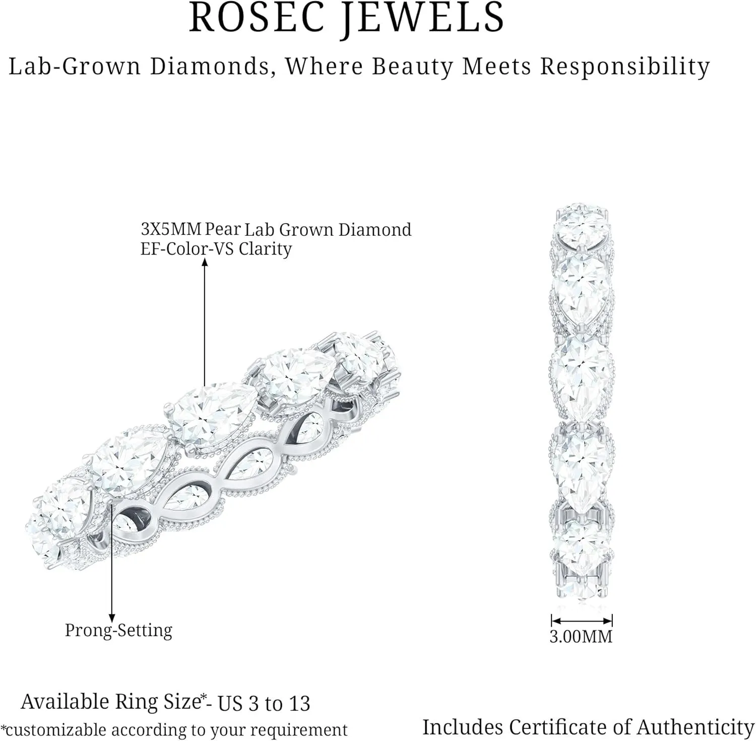 Certified Lab Grown Diamond Wedding Band, Ef-Vs Quality, Pear Shape Diamond Eternity Ring (Ideal For Gift)