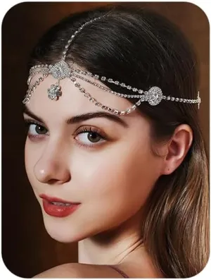 Chargances Wedding Rhinestone Flower Head Chain Silver Charm Crystal Forehead Pendant Headpieces Halloween Prom Hair Accessories for Women
