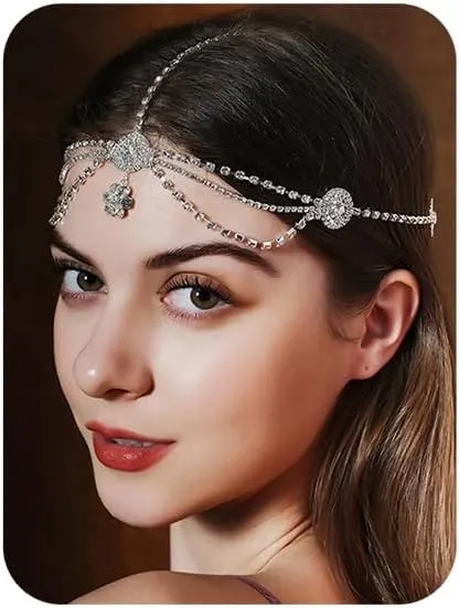 Chargances Wedding Rhinestone Flower Head Chain Silver Charm Crystal Forehead Pendant Headpieces Halloween Prom Hair Accessories for Women