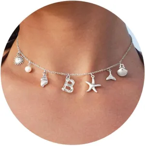 Charm Initial Necklaces for Women Trendy Sterling Silver Beach Shell Bubble Letter Necklace Starfish Pendant Necklace Chunky Choker Seashell Necklace Personalized Costume Monogram Name Boho Summer Jewelry for Women Gifts
