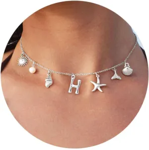 Charm Initial Necklaces for Women Trendy Sterling Silver Beach Shell Bubble Letter Necklace Starfish Pendant Necklace Chunky Choker Seashell Necklace Personalized Costume Monogram Name Boho Summer Jewelry for Women Gifts