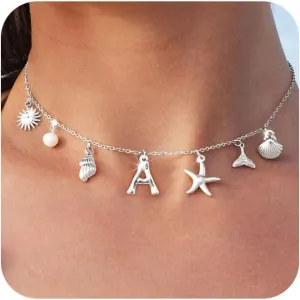 Charm Initial Necklaces for Women Trendy Sterling Silver Beach Shell Bubble Letter Necklace Starfish Pendant Necklace Chunky Choker Seashell Necklace Personalized Costume Monogram Name Boho Summer Jewelry for Women Gifts