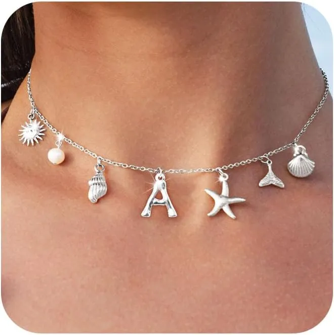 Charm Initial Necklaces for Women Trendy Sterling Silver Beach Shell Bubble Letter Necklace Starfish Pendant Necklace Chunky Choker Seashell Necklace Personalized Costume Monogram Name Boho Summer Jewelry for Women Gifts