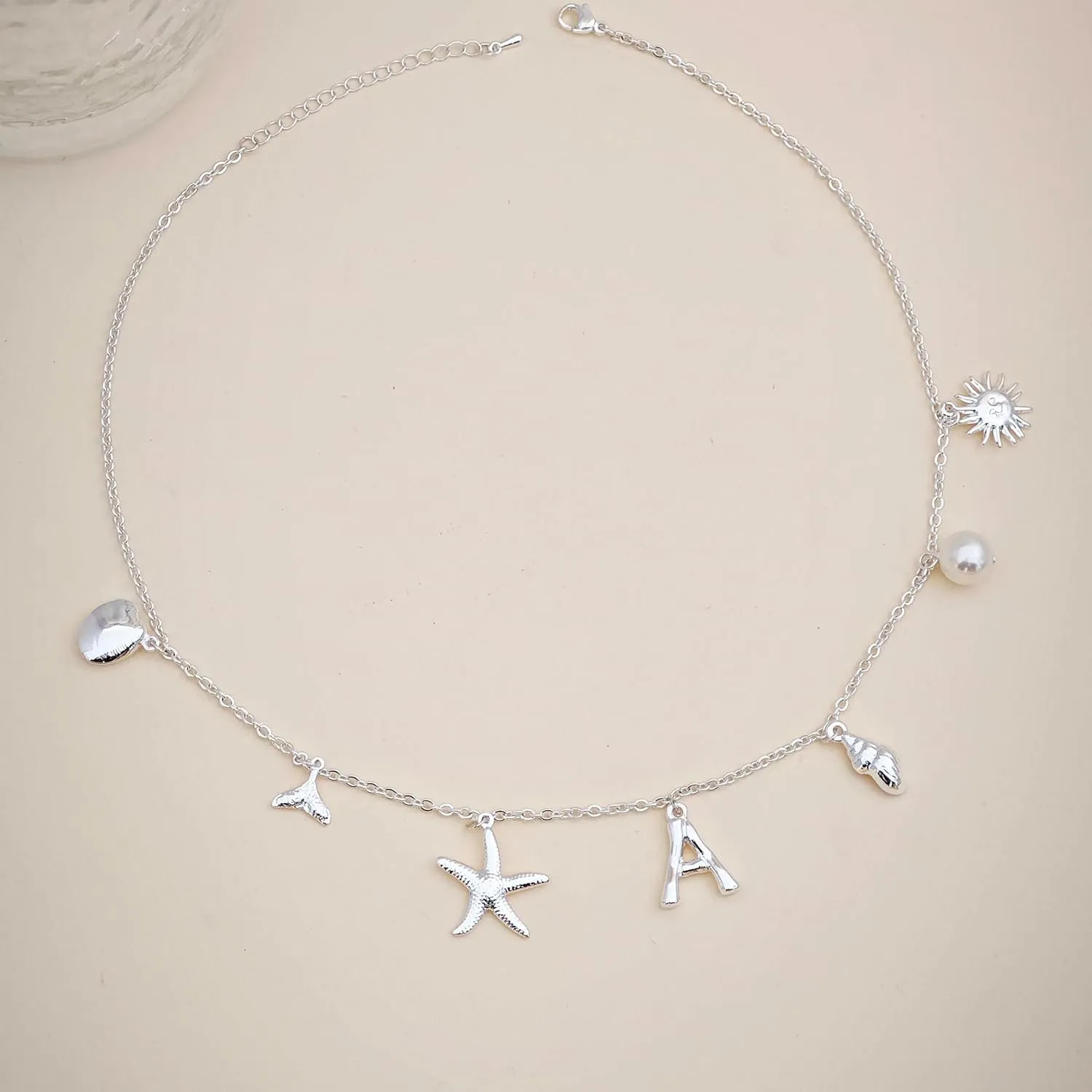 Charm Initial Necklaces for Women Trendy Sterling Silver Beach Shell Bubble Letter Necklace Starfish Pendant Necklace Chunky Choker Seashell Necklace Personalized Costume Monogram Name Boho Summer Jewelry for Women Gifts