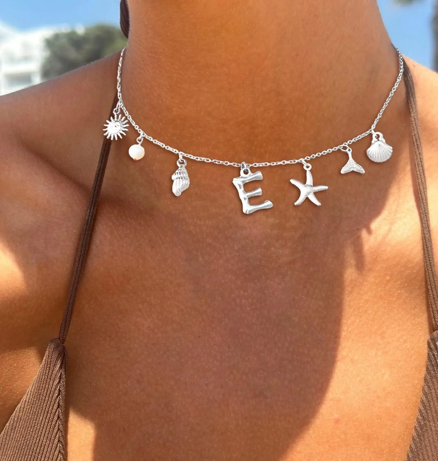 Charm Initial Necklaces for Women Trendy Sterling Silver Beach Shell Bubble Letter Necklace Starfish Pendant Necklace Chunky Choker Seashell Necklace Personalized Costume Monogram Name Boho Summer Jewelry for Women Gifts