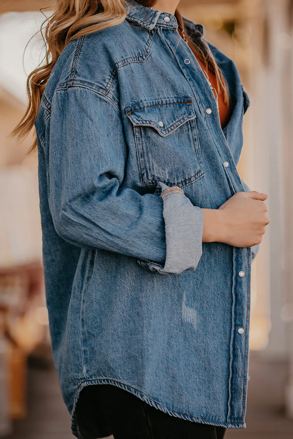 Chest Pockets Long Sleeve Denim Shirt Jacket