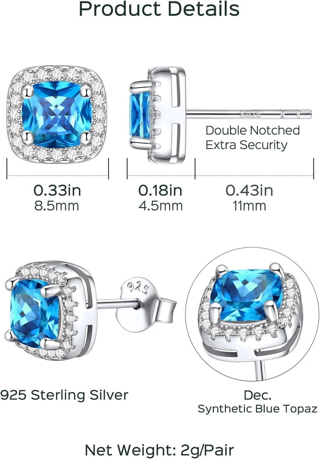 ChicSilver 12-Months Birthstone Earrings for Women Gemstone Earrings for Women 925 Sterling Silver Stud Earrings Cubic Zirconia Stud Earrings (With Gift Box)