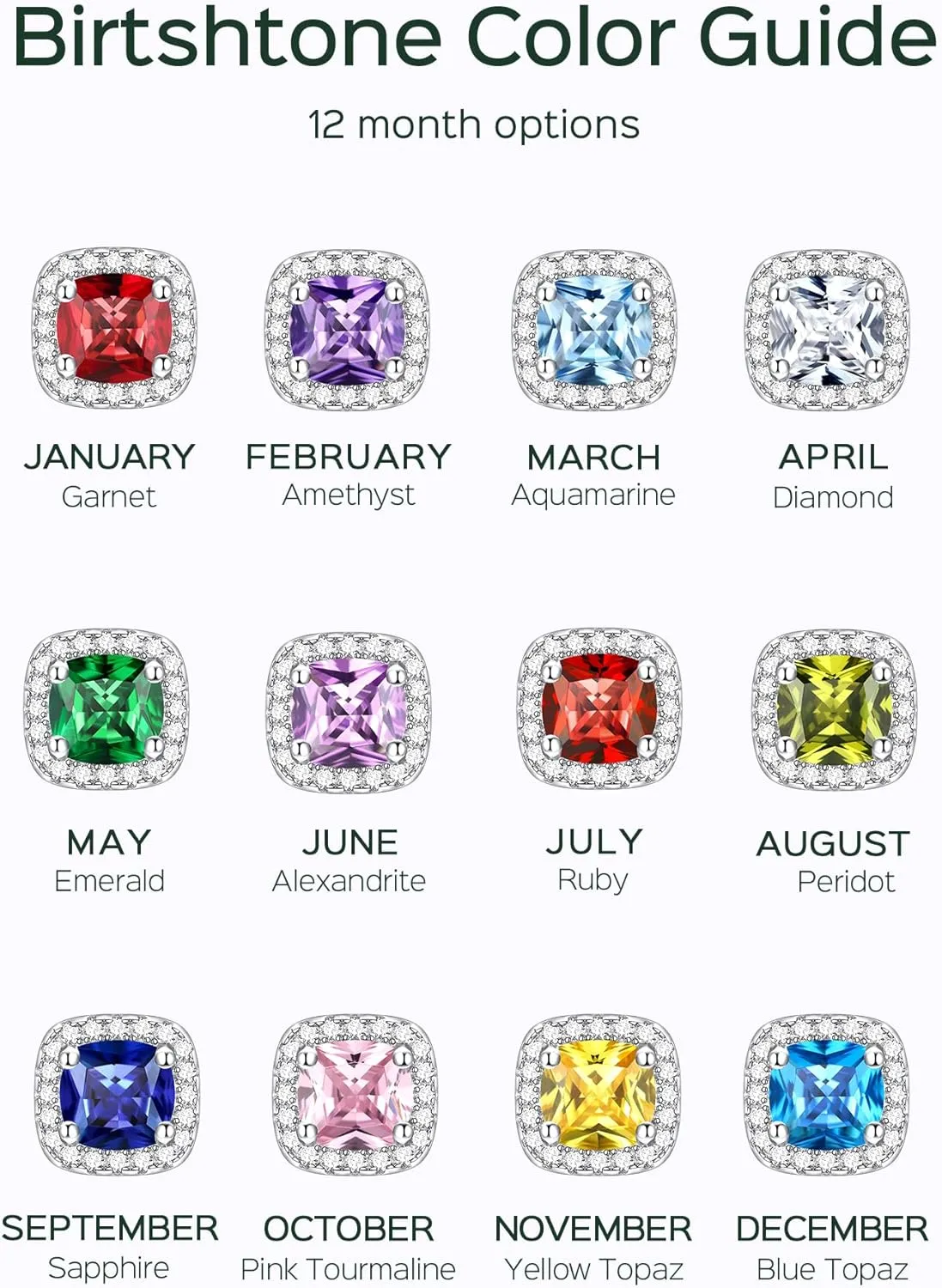 ChicSilver 12-Months Birthstone Earrings for Women Gemstone Earrings for Women 925 Sterling Silver Stud Earrings Cubic Zirconia Stud Earrings (With Gift Box)
