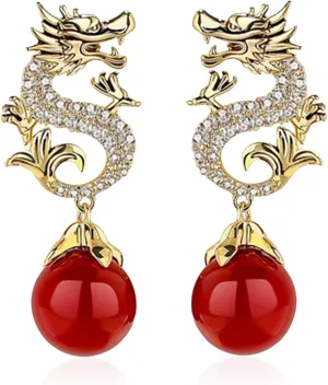 Chinese Style Dragon Stud Earrings for Women Vintage Punk Animal Totem Cubic Zirconia Pearl Rhinestone Dragon Statement Earrings Jewelry