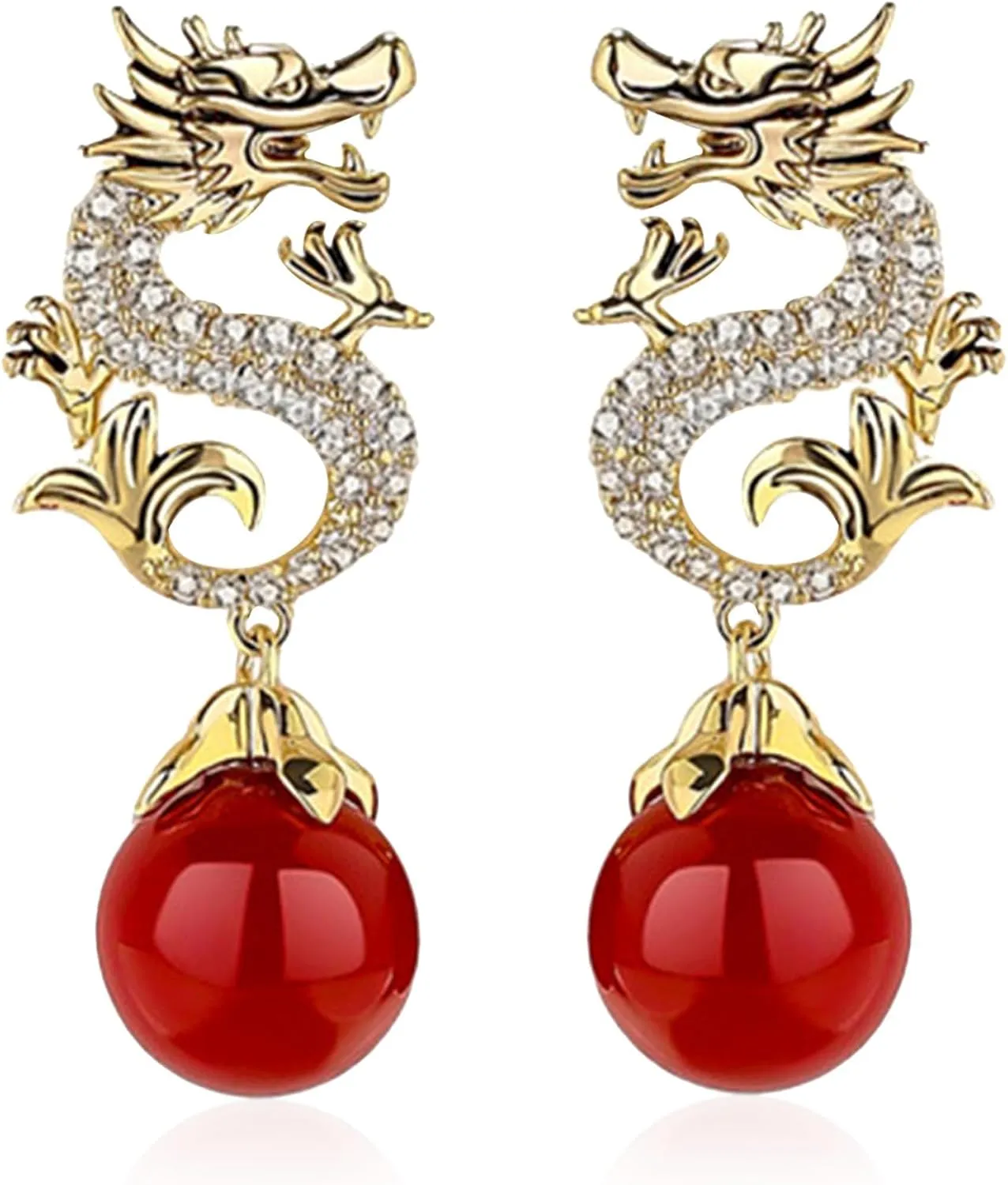 Chinese Style Dragon Stud Earrings for Women Vintage Punk Animal Totem Cubic Zirconia Pearl Rhinestone Dragon Statement Earrings Jewelry