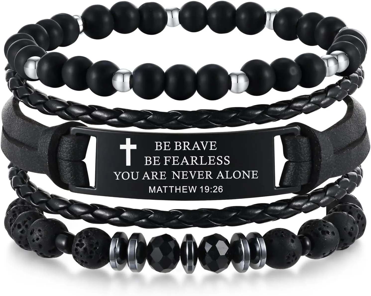 Christian Bible Verse Bracelets for Men-3 Pcs Inspirational Religious Scripture Quotes Black Onyx Lava Rock Bead Cross Braided Leather Jesus Bracelet, First Communion Confirmation Baptism Easter Gifts