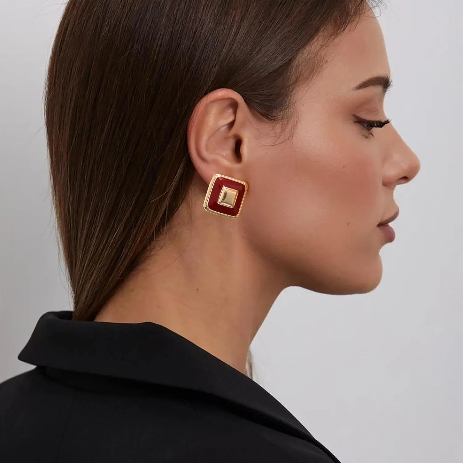 Chunky Gold Earrings Stud for Women Square Black Flower Stud Earrings Red Statement Earrings Dainty Large Retro Earrings Party Jewelry Gifts for Women