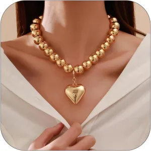 Chunky Heart Necklace Puffy Heart Charm Necklaces Big Pearl Bead Chain Necklaces Adjustable Gold Heart Pendant Statement Necklace Gifts on Birthday Holidays Jewelry for Women