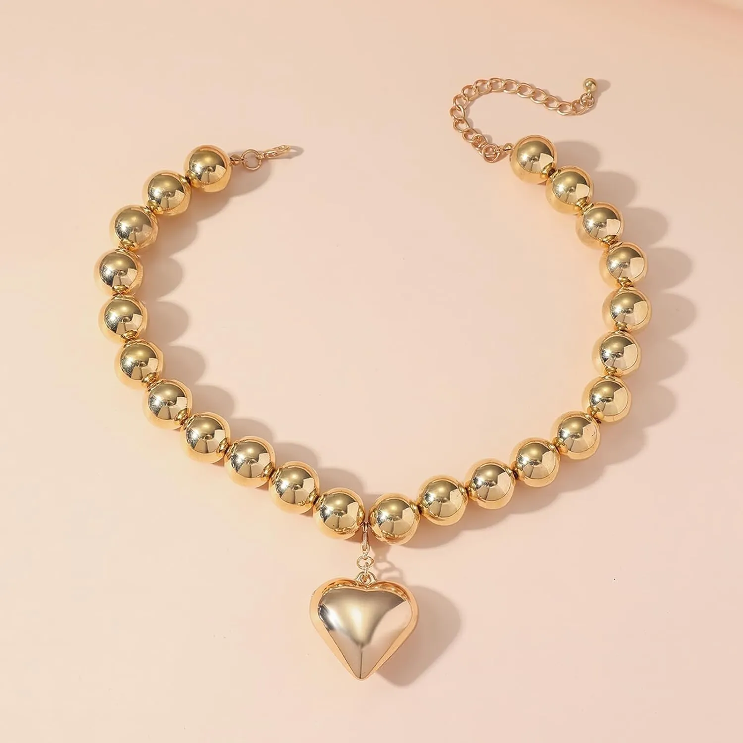 Chunky Heart Necklace Puffy Heart Charm Necklaces Big Pearl Bead Chain Necklaces Adjustable Gold Heart Pendant Statement Necklace Gifts on Birthday Holidays Jewelry for Women