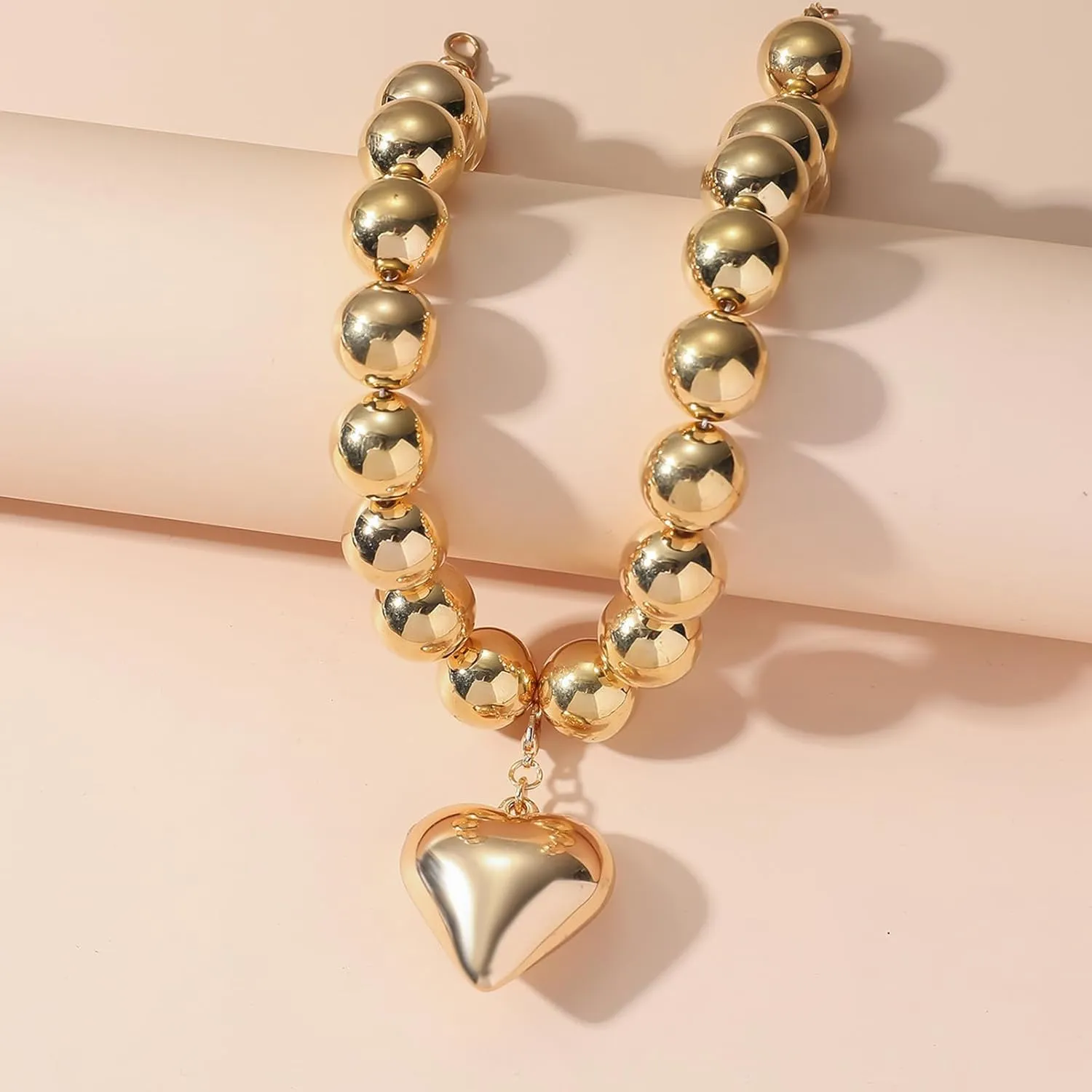 Chunky Heart Necklace Puffy Heart Charm Necklaces Big Pearl Bead Chain Necklaces Adjustable Gold Heart Pendant Statement Necklace Gifts on Birthday Holidays Jewelry for Women