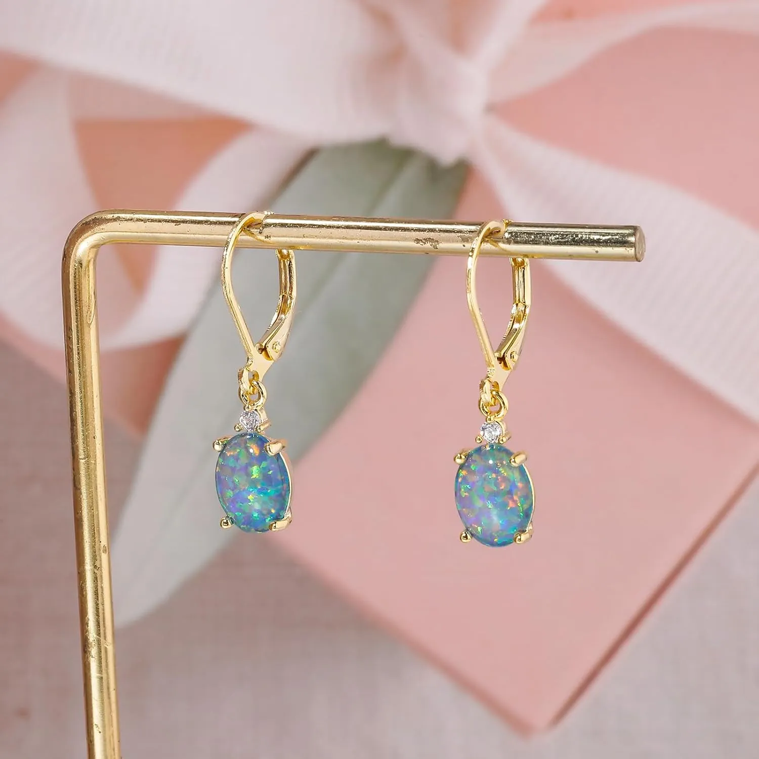 CiNily Opal Dangle Earrings for Women Trendy 14k Gold Plated Drop Dangle Earrings Created Fire Opal Drop Earrings Hypoallergenic Birthstone CZ Earrings Jewelry Gifts for Men Teen Girls