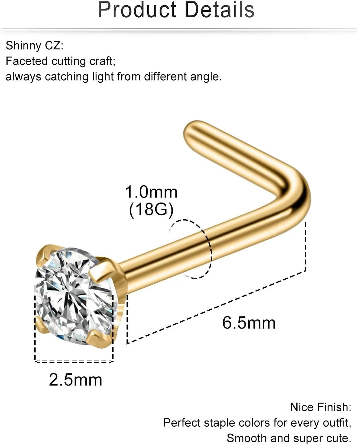 Cisyozi 18G Nose Rings Studs Hypoallergenic Nose Piercings 316L Surgical Steel Silver Nose Rings Set L Shaped Nose Nostril Piercing Jewelry for Women Men Diamond CZ 1.5mm 2mm 2.5mm 3mm 3.5mm 4mm