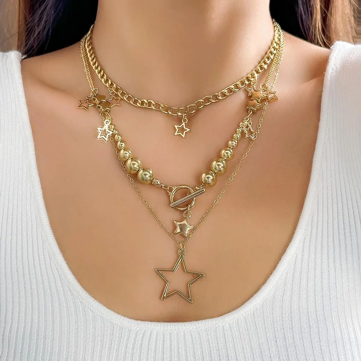 CJIAYUJEW Layered Star Necklace for Women Y2k Stacked Beaded Choker Necklaces Chunky Gold Star Pendant Necklace