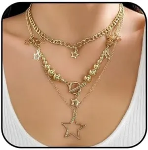 CJIAYUJEW Layered Star Necklace for Women Y2k Stacked Beaded Choker Necklaces Chunky Gold Star Pendant Necklace
