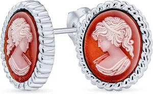 Classic Antique Vintage Style Terracotta Red White Carved Oval Framed Victorian Lady Portrait Cameo Stud Earrings For Women .925 Sterling Silver