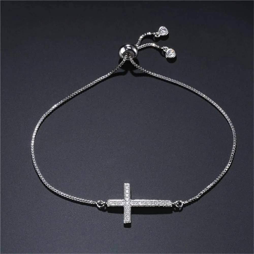 Classic Design AAA  Cubic Zirconia Cross Charm Bracelets for Women Girl Adjustable Copper Chain Bracelet & Bangle Christian Jewelry Baptism Gift
