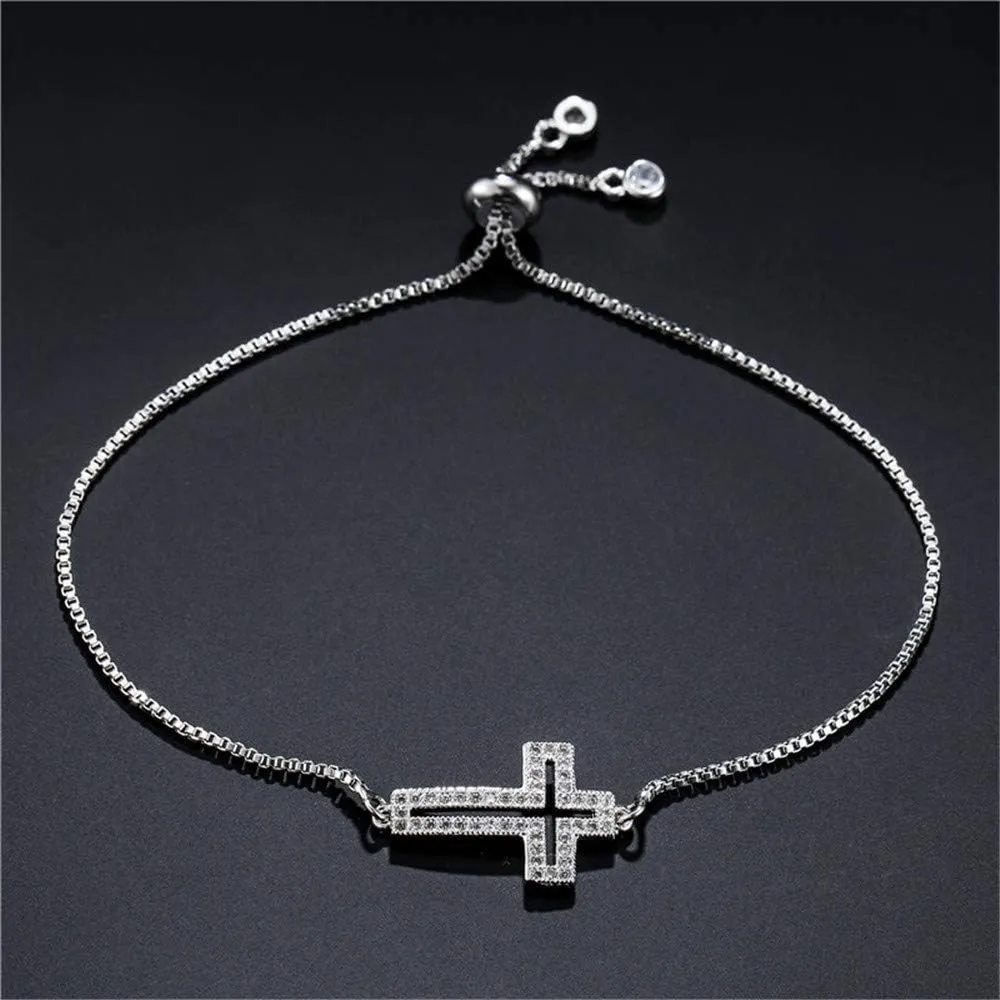 Classic Design AAA  Cubic Zirconia Cross Charm Bracelets for Women Girl Adjustable Copper Chain Bracelet & Bangle Christian Jewelry Baptism Gift
