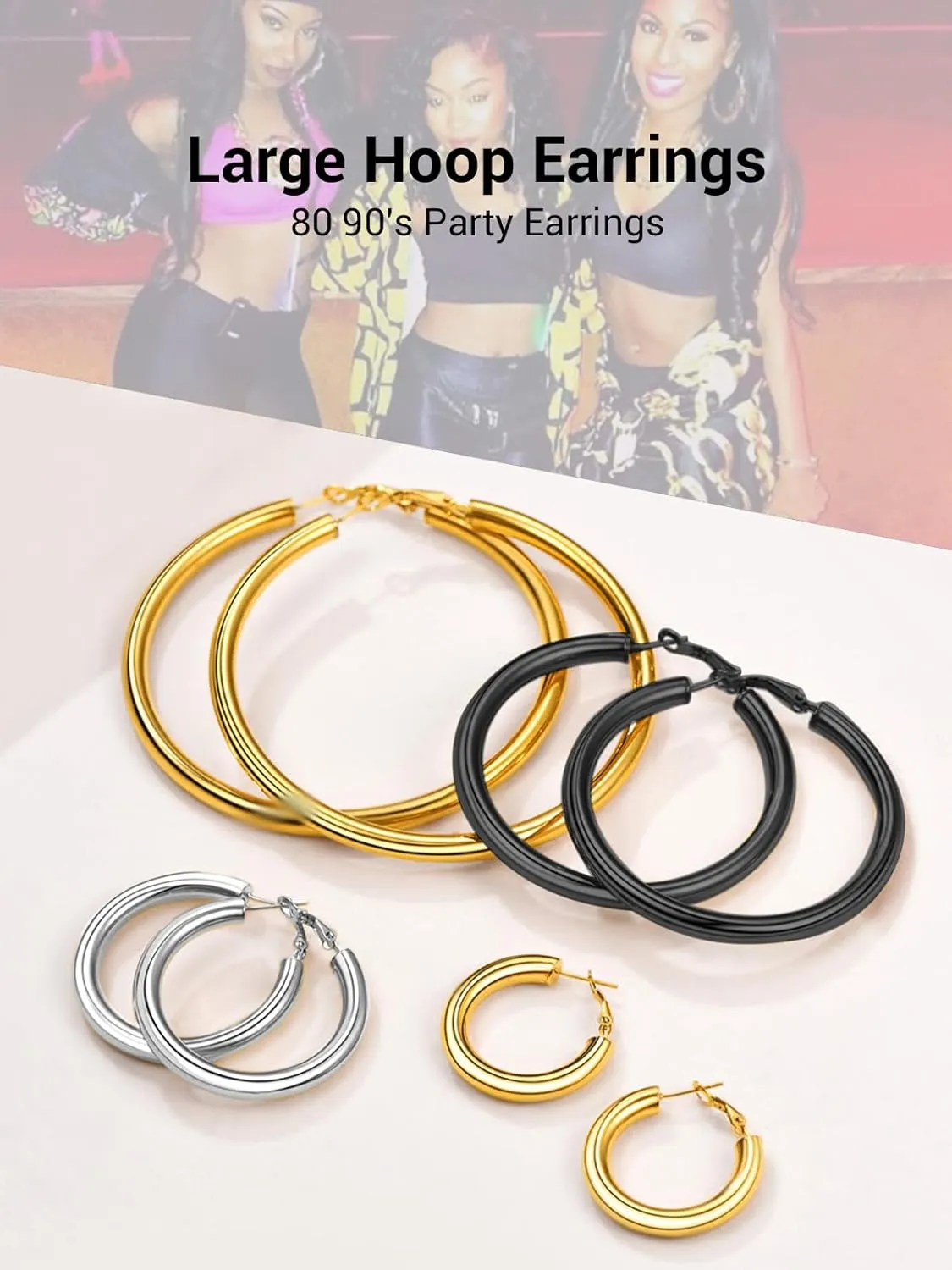 Classic Hoop Earrings for Women Stainless Steel/18K Gold Plated/Black Earrings, Chunky Hoops Earrings Size 30mm/40mm/60mm/80mm