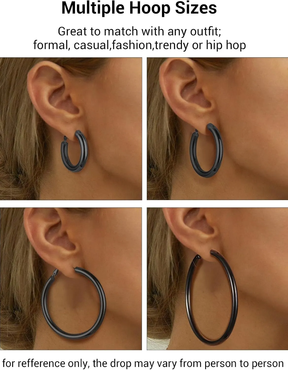 Classic Hoop Earrings for Women Stainless Steel/18K Gold Plated/Black Earrings, Chunky Hoops Earrings Size 30mm/40mm/60mm/80mm