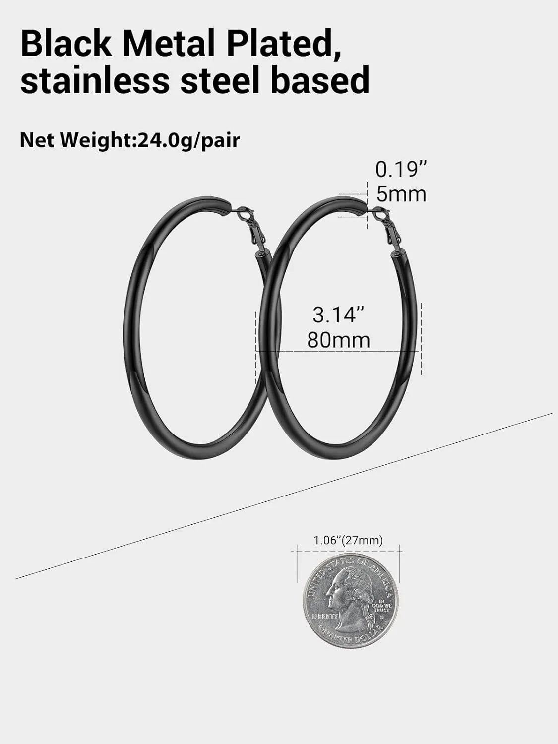 Classic Hoop Earrings for Women Stainless Steel/18K Gold Plated/Black Earrings, Chunky Hoops Earrings Size 30mm/40mm/60mm/80mm