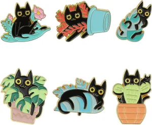 cobee Cute Cat Enamel Pins, 6 Pcs Cartoon Cats Hidden in Potted Plants Backpack Brooches Lapel Pins Novelty Anime Black Cat Punk Badges Button for Men Women Jackets Clothings Bags Hats Jeans