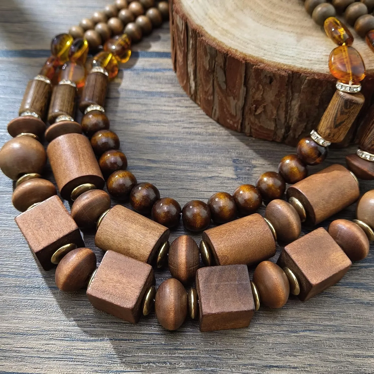 Coiris Layer Chunky Wood Beaded Necklace Exaggerated Statement Bead Collar Necklace Bib Necklaces