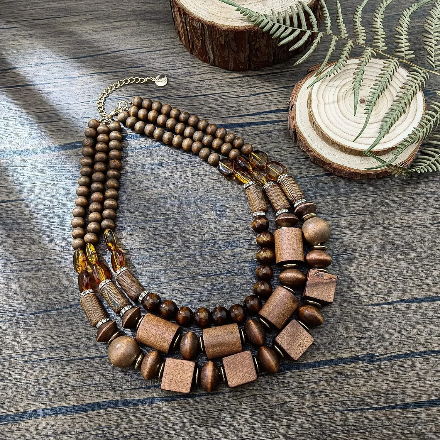 Coiris Layer Chunky Wood Beaded Necklace Exaggerated Statement Bead Collar Necklace Bib Necklaces