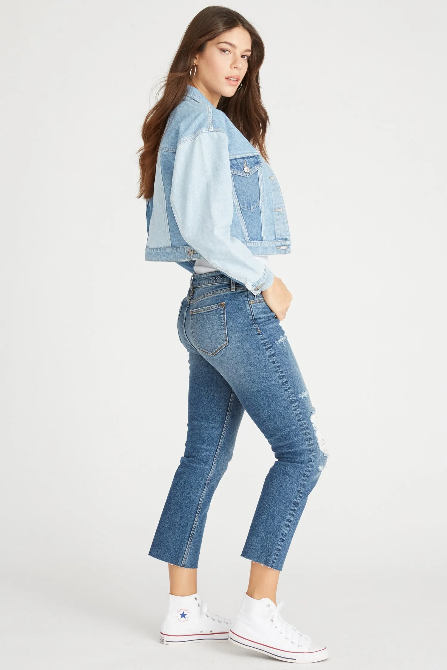 COLOR BLOCKED CROPPED DENIM JACKET