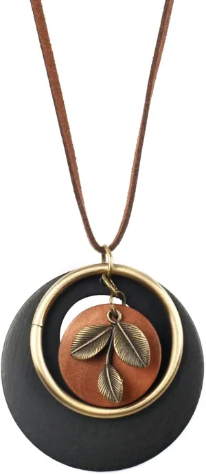 color cosplayer Leather Cord Necklace Vintage Style Wooden Leaf Boho Statement Long Necklace for Women Handmade Jewelry