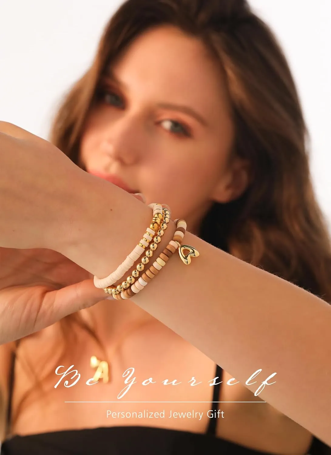 Colorful Beaded Initial Bracelets for Women Trendy, Cute Stretch Gold Letter Charm Bracelets, Personalized Jewelry Gift