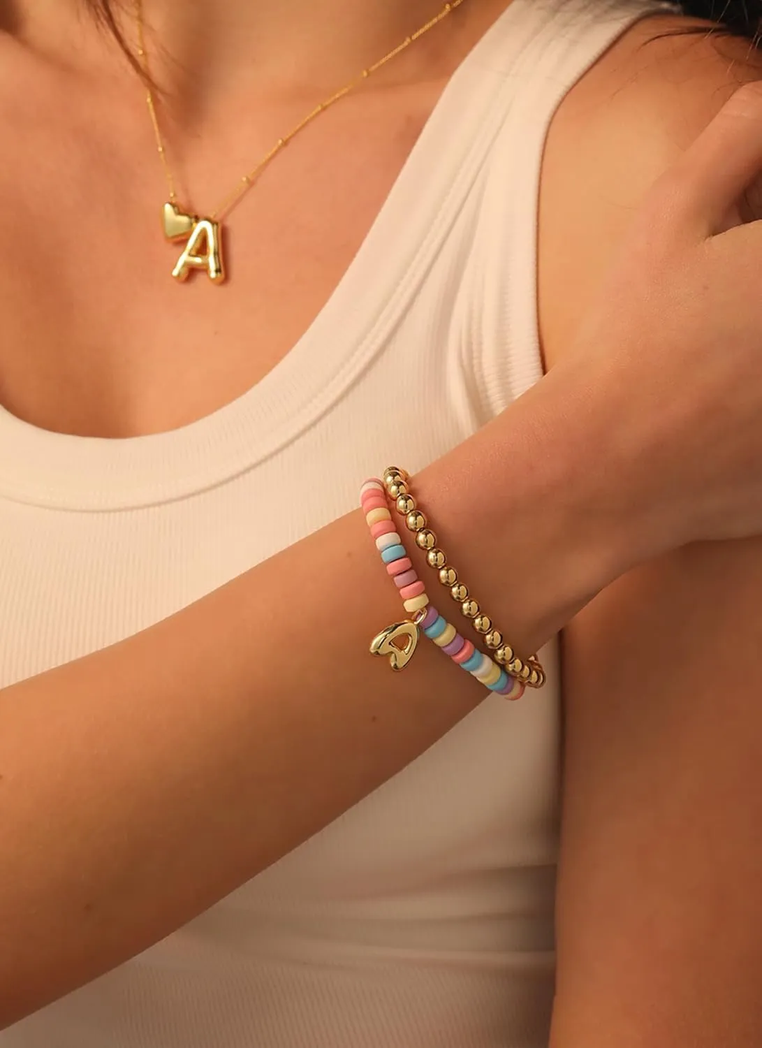Colorful Beaded Initial Bracelets for Women Trendy, Cute Stretch Gold Letter Charm Bracelets, Personalized Jewelry Gift