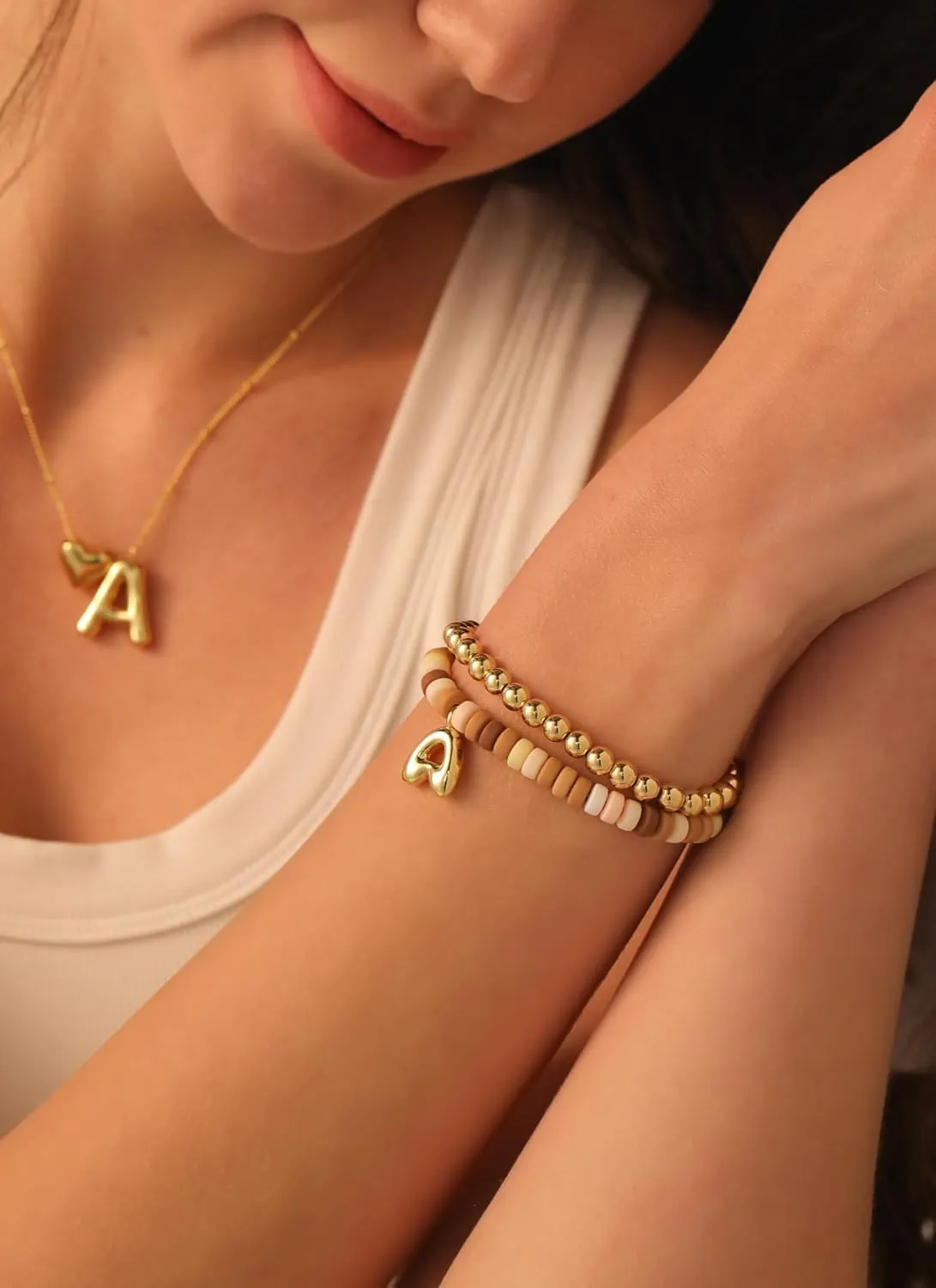 Colorful Beaded Initial Bracelets for Women Trendy, Cute Stretch Gold Letter Charm Bracelets, Personalized Jewelry Gift