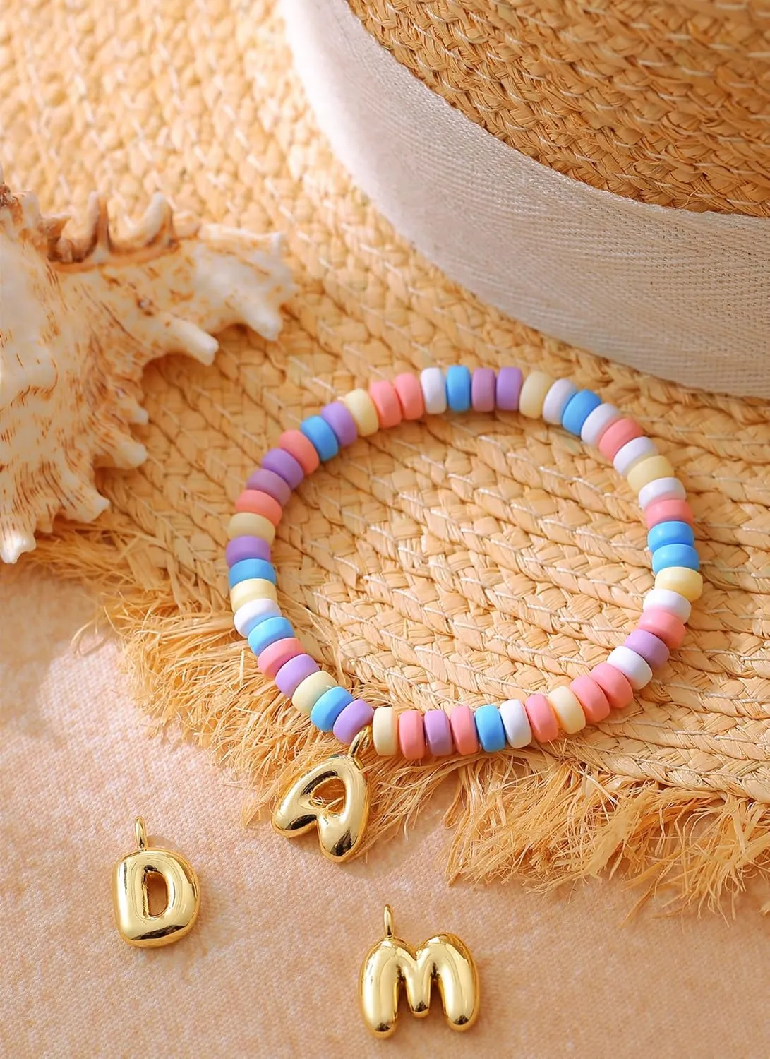 Colorful Beaded Initial Bracelets for Women Trendy, Cute Stretch Gold Letter Charm Bracelets, Personalized Jewelry Gift