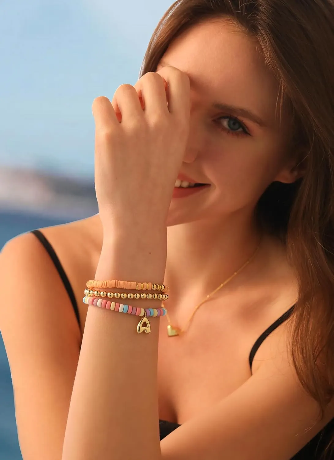 Colorful Beaded Initial Bracelets for Women Trendy, Cute Stretch Gold Letter Charm Bracelets, Personalized Jewelry Gift
