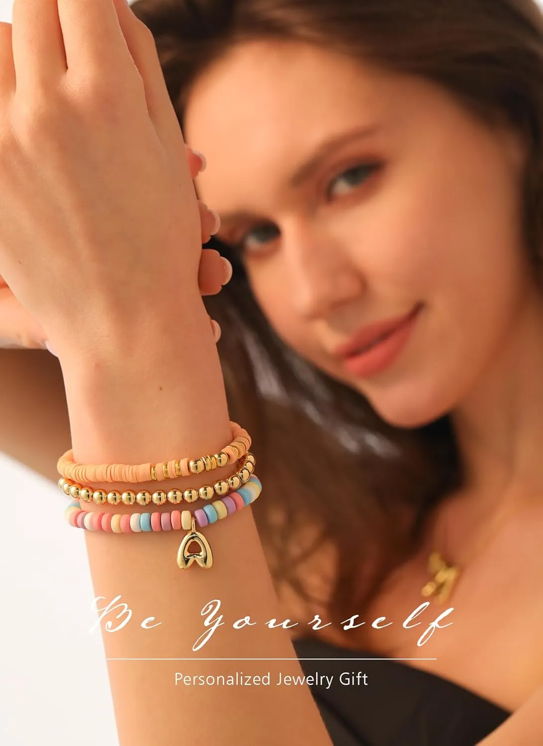 Colorful Beaded Initial Bracelets for Women Trendy, Cute Stretch Gold Letter Charm Bracelets, Personalized Jewelry Gift