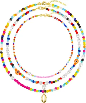 Colorful Beaded Necklace Set for Women, Summer Beach Rainbow Choker Necklace, Waterproof Evil Eye Seed Bead Necklace, Boho Handmade Pearl Necklace, Y2K Jewlery Trendy Gift for Women