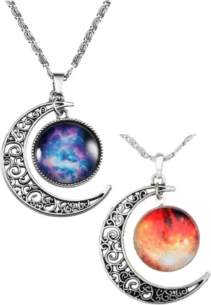 COLORFUL BLING 2PCS Galaxy Crescent Moon Pendant Necklaces Jewelry