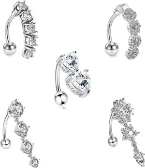 COLORFUL BLING 5Pcs 316L Surgical Steel Dangle Button Belly Rings Set Reverse Clear CZ Navel Rings 14G Curved Barbell Body Piercing Jewelry for Women