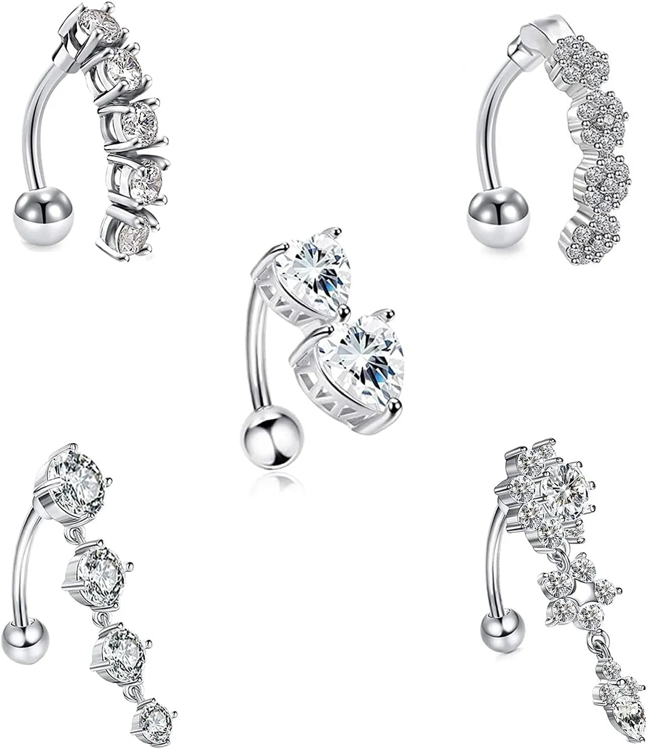 COLORFUL BLING 5Pcs 316L Surgical Steel Dangle Button Belly Rings Set Reverse Clear CZ Navel Rings 14G Curved Barbell Body Piercing Jewelry for Women
