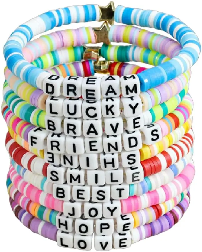 COLORFUL BLING Heishi Surfer Clay Bead Bracelets Set for Women Inspiring Love Hope Brave Letter Stackable Stretch Bracelets Star Elastic Layering BFF Friendship Bracelets Summer Beach Jewelry
