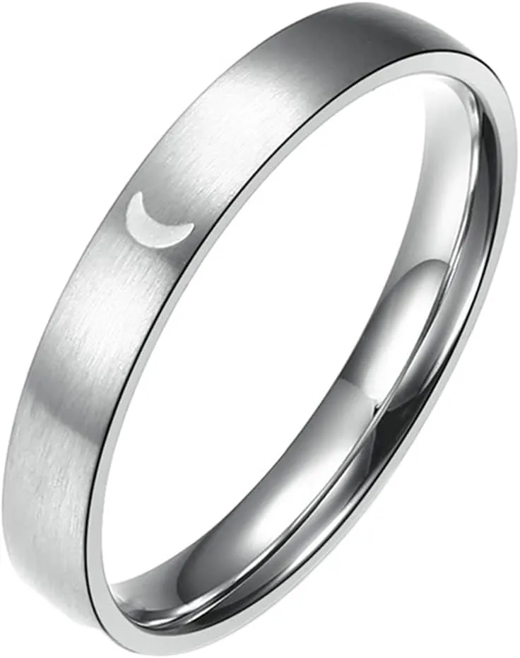 Couple Ring, 4MM Stainless Steel Ring Silver Sun Moon Glow in the Dark Ring Jewelry
