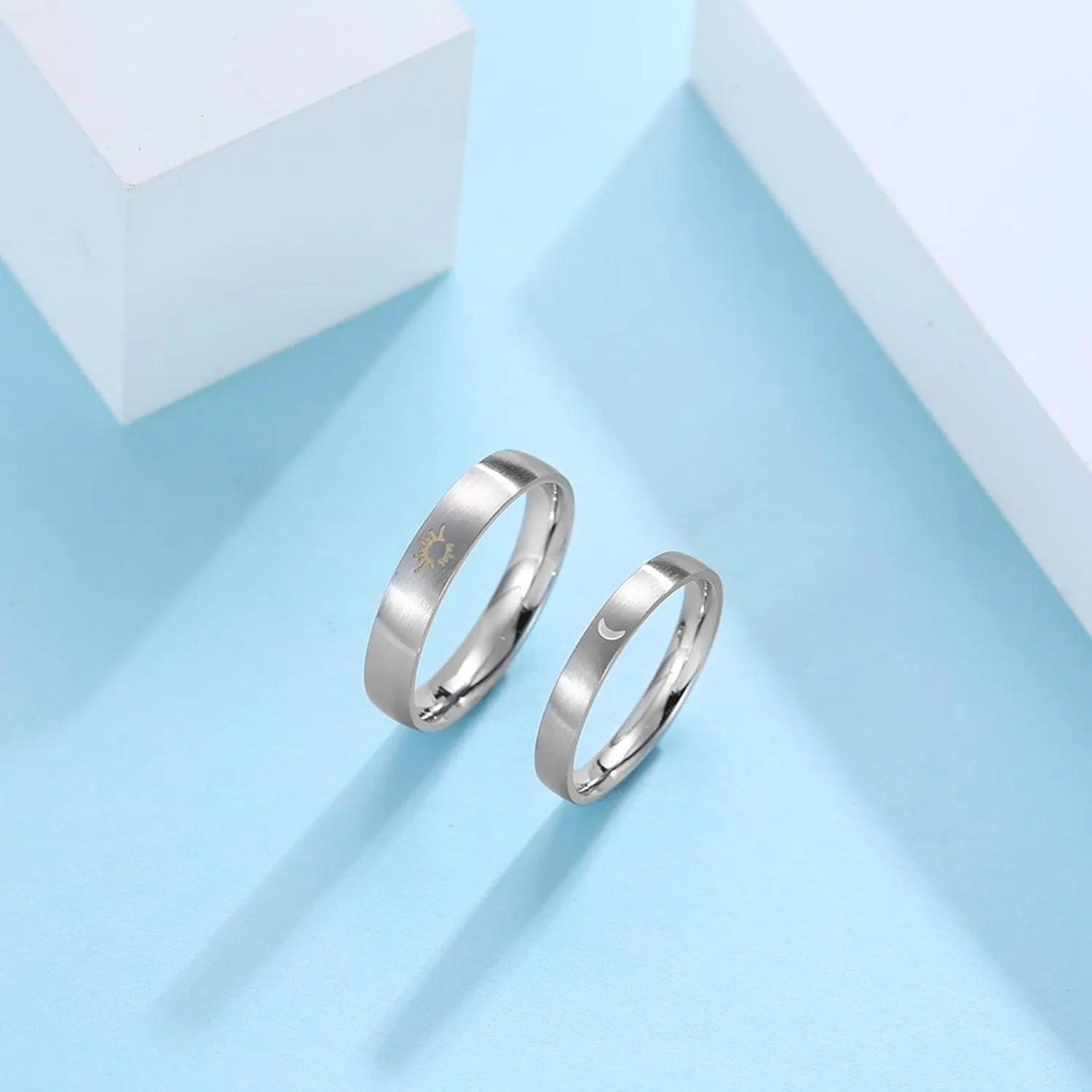 Couple Ring, 4MM Stainless Steel Ring Silver Sun Moon Glow in the Dark Ring Jewelry